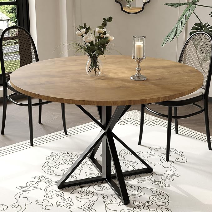 IDEALHOUSE 47 Inch Round Dining Table for 4, Farmhouse Kitchen Table with Metal K-Base, Brown Circle Wood Table for Dining Room, Kitchen, Apartment & Living Room (Table Only)