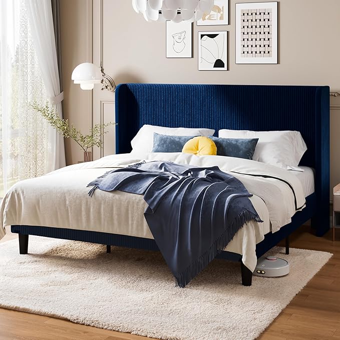 SHA CERLIN King Size Corduroy Upholstered Platform Bed Frame with Vertical Channel Tufted Wingback Headboard, 8" Under Bed Storage, Wooden Slats & Metal Frame Support, Easy Assembly, Dark Blue