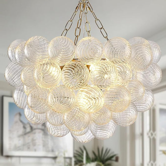 Dia 24" Bubble Chandelier, 5-Light Clear Hand Blown Glass Chandelier Gold Brass Chandeliers for Living Room Globe Ball Modern Chandeliers for Dining Room Foyer Bedroom Entry(G9 LED Bulb Base)