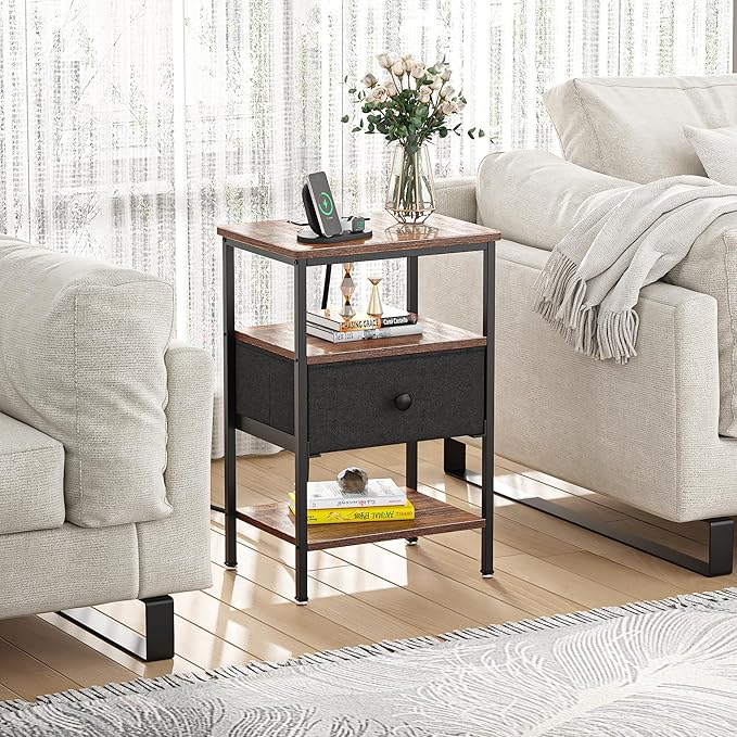 VECELO Nightstand with Charging Station,Bedside Table with Storage Shelf&Fabric Drawer,End Tables for Bedroom,Living Room,Small Spaces,Brown