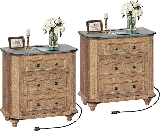 DWVO Nightstand Set of 2 with Charging Station, 29" Wide Farmhouse Bedside Table with 3 Drawers, Wood Night Stand w/Storage, Rustic Bed Side End Table for Bedroom Dorm Small Space, Brown