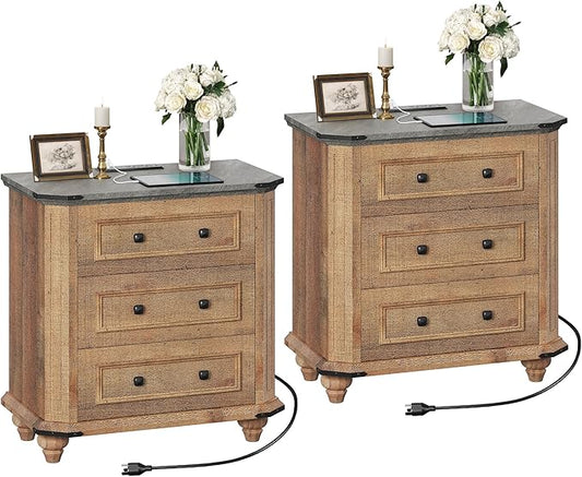 DWVO Nightstand Set of 2 with Charging Station, 29" Wide Farmhouse Bedside Table with 3 Drawers, Wood Night Stand w/Storage, Rustic Bed Side End Table for Bedroom Dorm Small Space, Brown