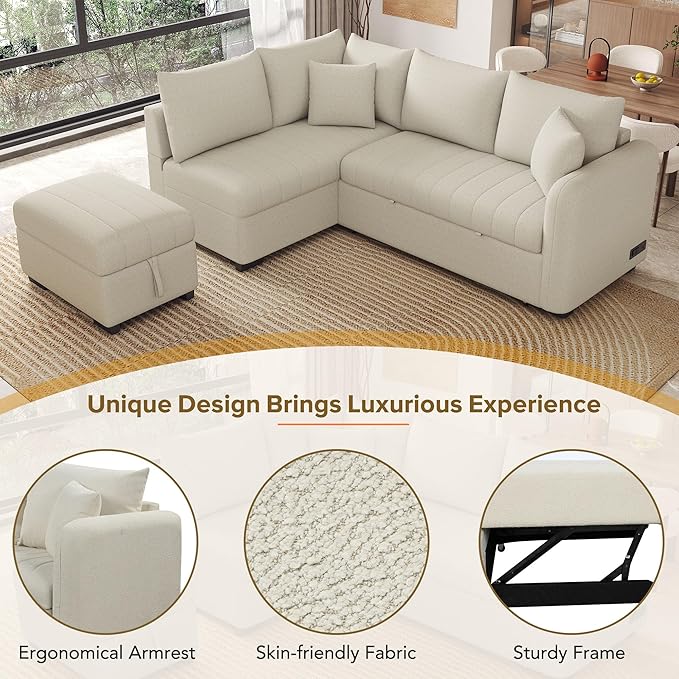 Merax Sofa Bed Sleeper Couch L Shaped Sofa with Storage Ottoman, L-Shape Sectional Couch with 2 USB Ports, 2 Power Sockets for Living Room and Small Apartment (Beige)