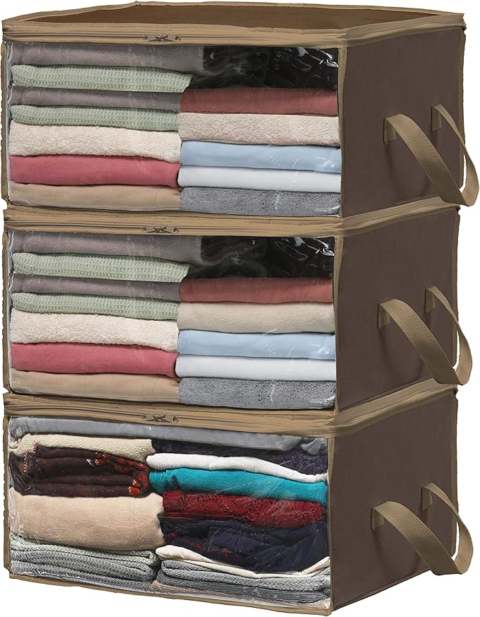 Simple Houseware 3 Pack Foldable Closet Organizer Clothing Storage Box with Clear Window, Brown