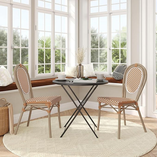 Flash Furniture Lourdes Indoor/Outdoor Commercial Thonet French Bistro Stack Chair - NAT/White PE Rattan Back and Seat - Light Natural Bamboo Print Metal Frame - 2 PK