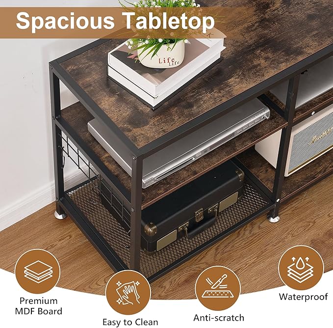 VECELO TV Stand with Mount and Power Outlet, Height Adjustable Entertainment Center with Storage Shelves for 32/55/65/70/75 inches Televisions, Console Table for Living Room, Bedroom, Rustic Brown