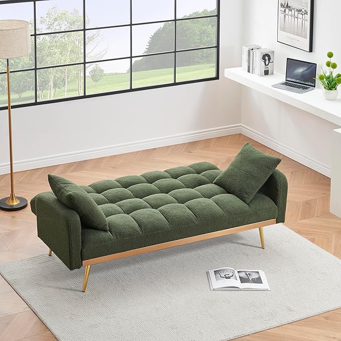 Eafurn Padded Convertible Futon Sofa Bed, Teddy Fleece Fabric Futons Loveseat Couch with Adjustable Backrest, Folding Sleeper Recliner Sofabed for Living Room Furniture | Golden Legs, Wood Frame