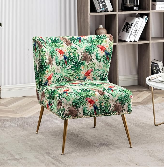Thia Armless Accent Chair for Living Room, Elegant Seat with Nailhead Trim, Gold Metal Legs and Comfortable Curved Back, 28" D x 25" W x 29.5" H, 06 Floral Print