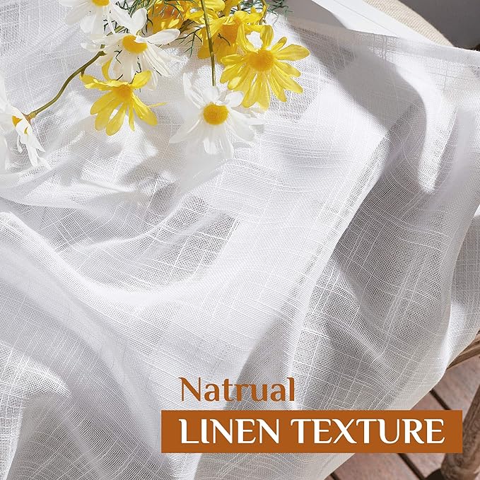 NICETOWN White Faux Linen 48 inch Curtains for Cafe, Rod Pocket & Back Tab Linen Weave Window Treatments Privacy with Light Filtering Semi Sheer Curtains for Kitchen, W42 x L48, 2 Panels