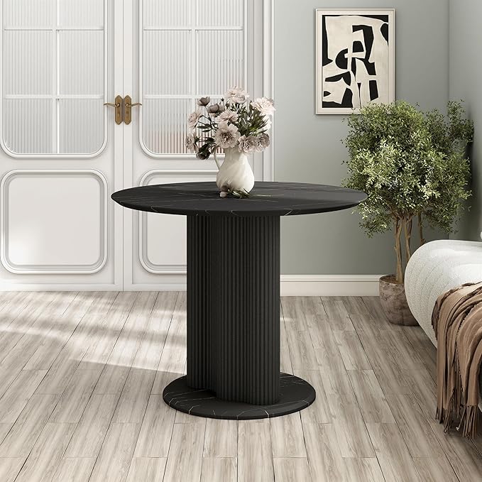 Homes: Inside + Out Elara Modern 39-inch Round Dining Table with Fluted Pedestal Base, Seats up to 4, for Home Kitchen, Living Room, Black