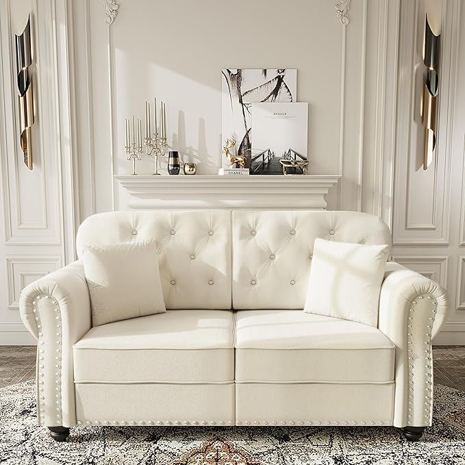 KEIKI 63" Velvet Chesterfield Sofa with Rolled Arms & Nailhead Trim, Modern Upholstered 2-Seater Button Tufted Couch with High Resilience Cushion & 2 Pillow, Easy Assembly, for Living Room, White