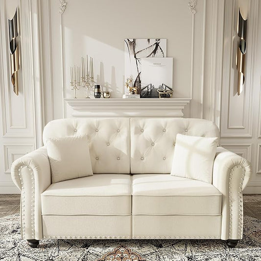 KEIKI 63" Velvet Chesterfield Sofa with Rolled Arms & Nailhead Trim, Modern Upholstered 2-Seater Button Tufted Couch with High Resilience Cushion & 2 Pillow, Easy Assembly, for Living Room, White