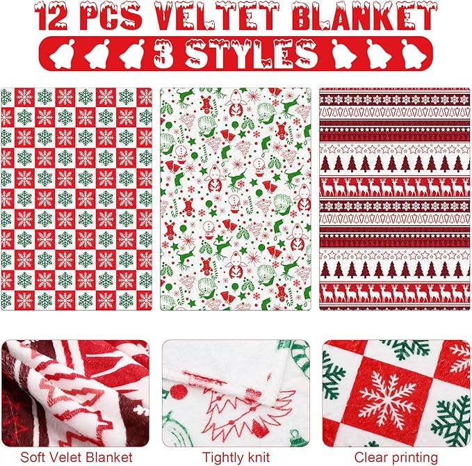 Buryeah 12 Pack 59" x 40" Christmas Fleece Blankets Bulk for Homeless Winter Warm Flannel Soft Cozy Throw Blankets Printed Snowflake Deer Snowman for Home Bedding Couch Chair Gift(Classic Style)