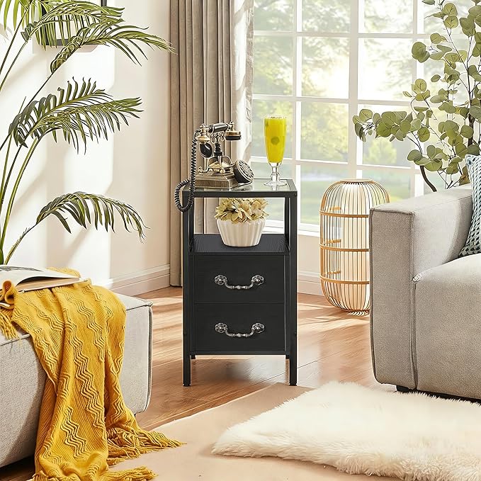 VECELO Narrow Side Table, Night Stand Sofa Table with Glass Top,Bedside End Tables with Storage Drawers,Wood Nightstand for Small Spaces Living Room Bedroom,Black