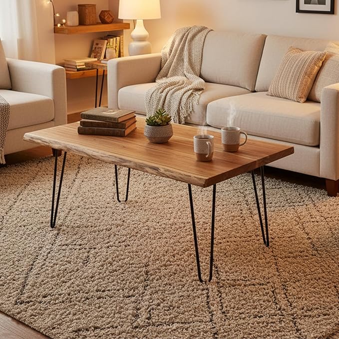 Alaterre Furniture Live Edge Wood Coffee Table with Hairpin Metal Legs – Rustic Modern Farmhouse Living Room Table with Acacia Wood Top (42 Inch)