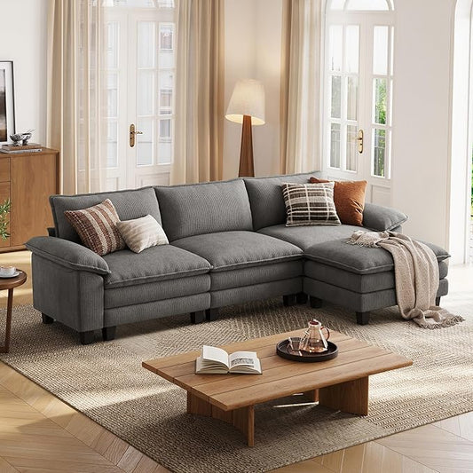 LINSY HOME 123'' Modular Sectional Sofa Grey Couch Corduroy Cloud Couches for Living Room, L Shaped Couch with Movable Ottoman, Modern Cloud Sectional Sofas for Bedroom and Apartment, Grey
