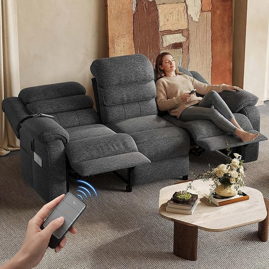 TYBOATLE Power Reclining Sofa, 3 Seater Electric Reclining Sofa with Dual Motors and Remote Control, Chenille Couch w/Side Pockets for Living Room, Game Room, 76.5" Wide (Grey)