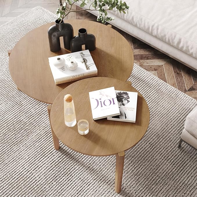Nathan James Kendall Round Modern Nesting Coffee Set of 2, Stacking Living Room Accent Tables, Light Brown