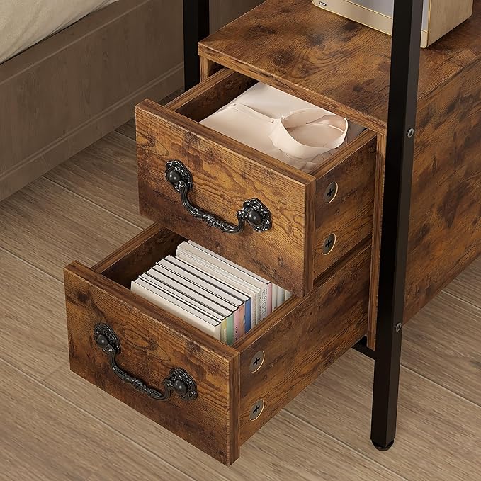 VECELO Narrow Side Table, Night Stand Sofa Table with Glass Top,Bedside End Tables with Storage Drawers,Wood Nightstand for Small Spaces Living Room Bedroom,Brown