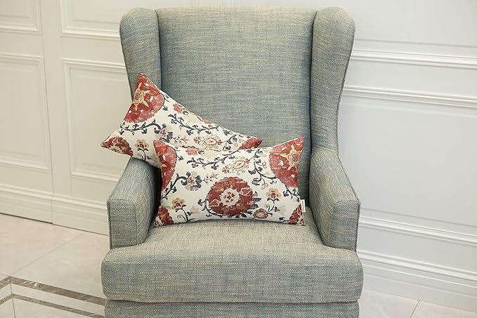 Mika Home Pack of 2 Jacquard Circle Floral Rectangle Throw Pillow Covers Oblong Pillow Cases for 12X20 Inserts Cream Red