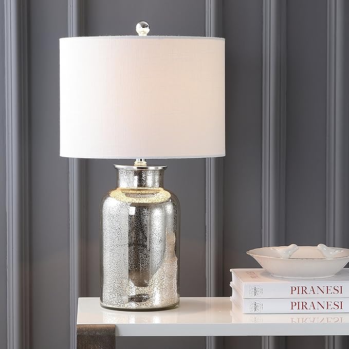 JONATHAN Y 24.5" Mercury Silver Trellis Glass Table Lamp for Living Room, White Linen Shade, Modern Bedside Nightstand Lamp for Bedroom, LED Bulb Included, UL Listed (JYL1084A)