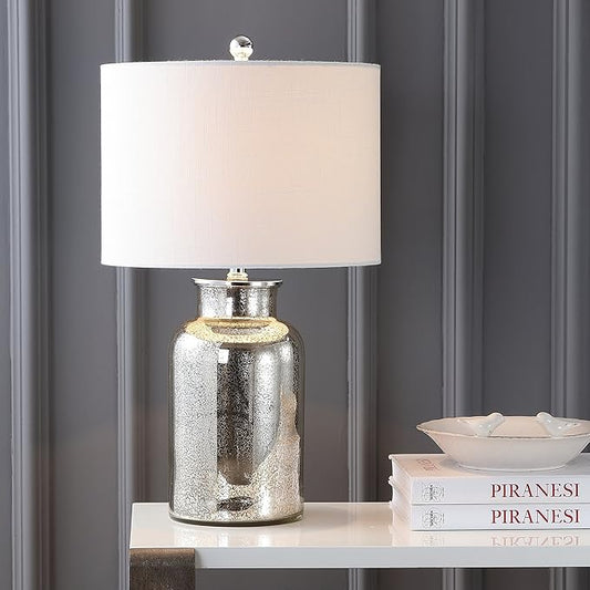 JONATHAN Y 24.5" Mercury Silver Trellis Glass Table Lamp for Living Room, White Linen Shade, Modern Bedside Nightstand Lamp for Bedroom, LED Bulb Included, UL Listed (JYL1084A)