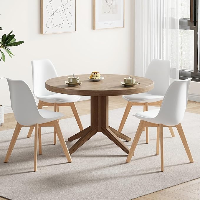 VECELO Dining Chairs Set of 4, Mid-Century Modern Kitchen & Dining Room Chairs, PU Leather Upholstered Seat, Solid Wood Legs, Armless, Non-Slip Feet, White