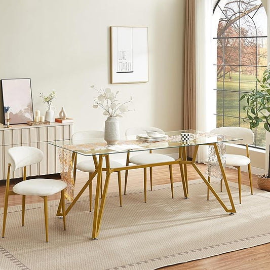 KEIKI 70.9 in Rectangular Glass Dining Table, Suitable for 1-8 People, Modern Style Home Kitchen Dining Table, Equipped with Sturdy Metal Table Legs for Dining Room, Living Rooms, Offices, Gold