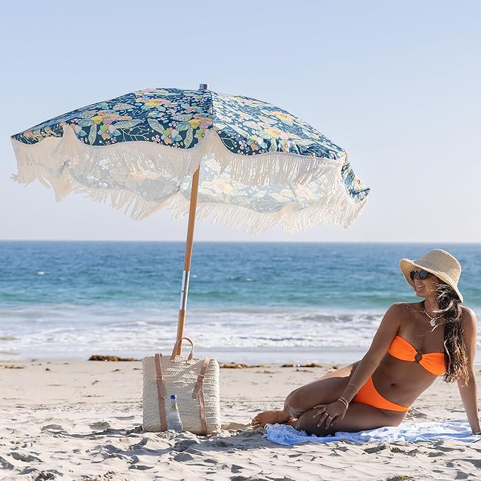 AMMSUN Beach Umbrella with Fringe, 6.5ft Boho Umbrella with Premium Wood Pole & Carry Bag, UPF 50+ Protection for Outdoor Holiday, Flowers