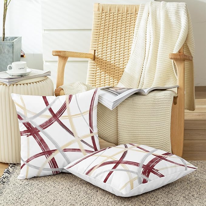 CaliTime Throw Pillow Cases Pack of 2 Cozy Fleece Arc-Shaped Abstract Geometric Lines Decorative Cushion Covers for Couch Bed Sofa Farmhouse Decoration 22 X 22 Inches Burgundy Dusty Pink Grey