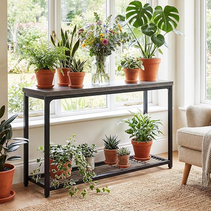 47" Console Table with Storage, 2 Tier Narrow Entryway Table, Sofa Table with Mesh Shelves, Console Tables for Living Room, Bedroom, Hallway, Entryway, Foyer, Oak Grey