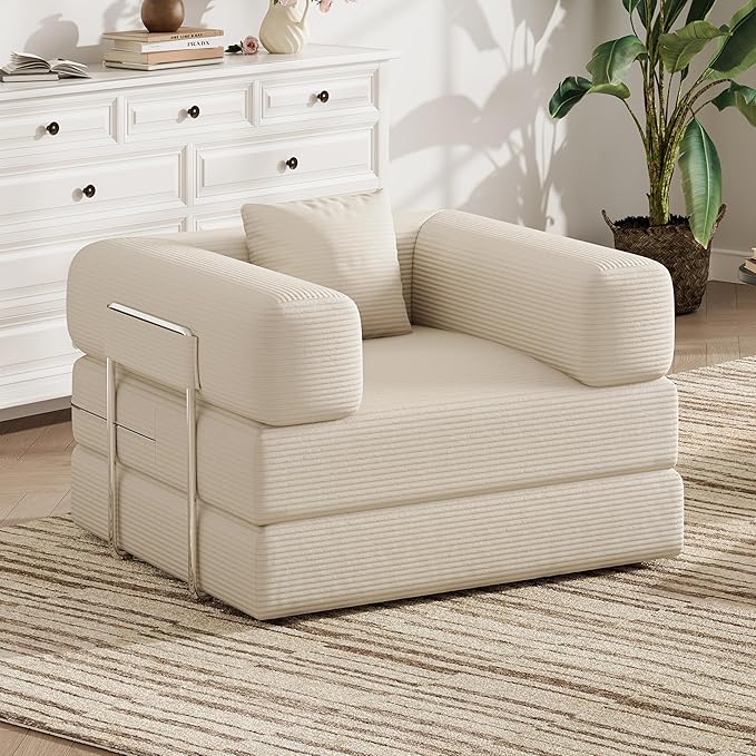 BSHOMGI Folding Sofa Bed, 2 in 1 Convertible Sofas to Lounger Comfy Single Bean Bag Chair Floor Portable Foldable Sleeper Lazy Futon Couch Chair for Bedroom, Living Room (Beige, 35.43" Single Sofa)