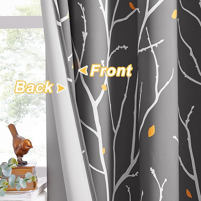 NICETOWN Room Darkening Ceiling to Floor Curtains, Decorative Modern Aesthetic Branches with Petals Triple Weave Material Thermal Insulated for Villa/Cottage, Grey, W52 x L95, 2 PCs