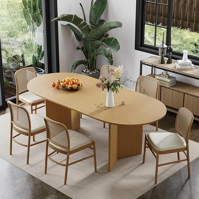 Casaphoria 67" Oval Dining Table, Modern Minimalist Wooden Kitchen Table with Sturdy V-Shaped Pedestal Base, Curved Edges Space-Saving Furniture for Dining Room & Living Space, Natural Wood