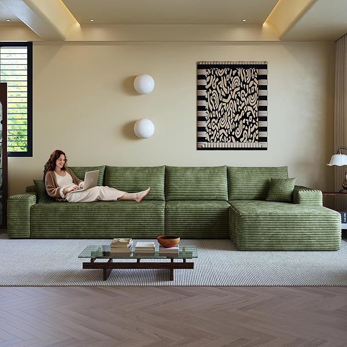 135" Corduroy Couch Sectional with Chaise, L Shape Boneless Cloud Couches for Living Room Bedroom, Fluffy Deep Seat Compression Sofa, Modular Corner Couch No Assembly, Right Facing Chaise, Green