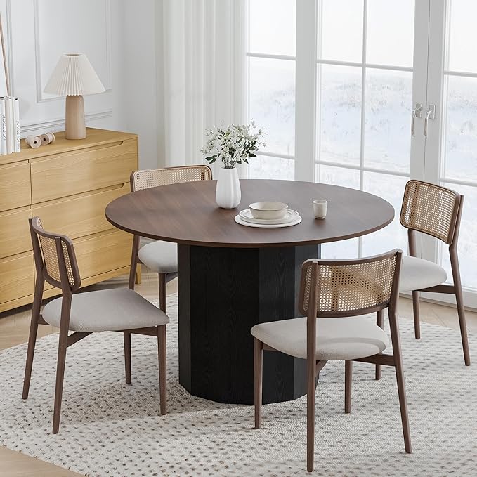 Casaphoria 46 inch Round Dining Table for 4, Walnut Top with Black Cylinder Pedestal Base, Modern Farmhouse Style Kitchen Table