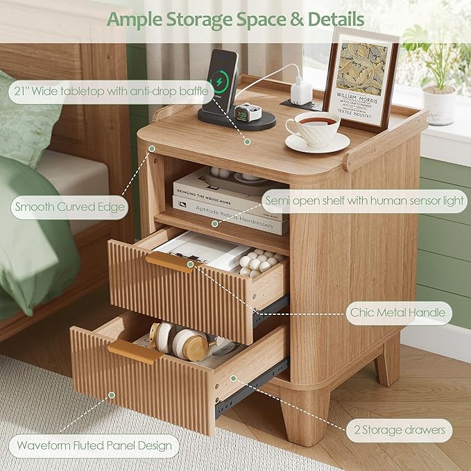 Night Stand with Charging Station, Fluted NightStand with LED Light and 2 Drawers, Wood Bedside Table with Open Storage, Modern