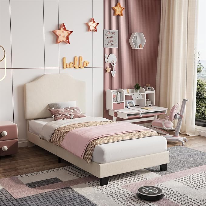 Twin Size Velvet Bed Frame, Corduroy Upholstered Twin Bed Frames Platform with Adjustable Headboard, Cute Velvet Twin Bed, Strong Wooden Slats, No Box Spring Needed, Noise Free, Easy Assembly, Beige