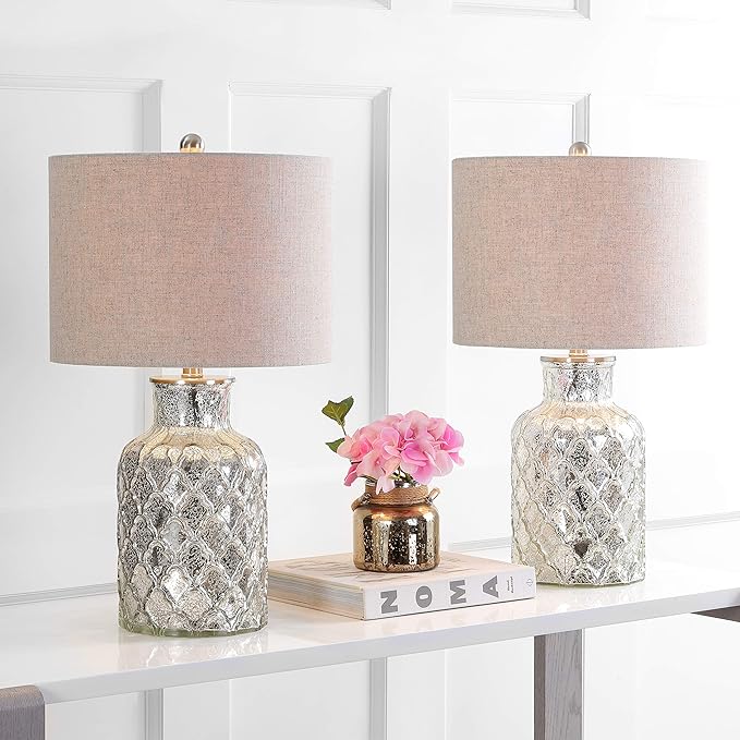 JONATHAN Y 24.5" Alvord Mercury Silver Quatrefoil Glass Table Lamp Set of 2, Contemporary Nightstand Lamps with Grey Linen Drum Shade, UL Listed, LED Bulbs Included JYL1075A-SET2