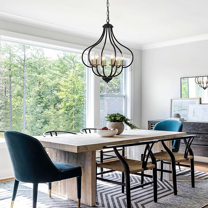 6 Lights Black Farmhouse Chandelier for Dining Room, Vintage Pendant Light Fixture Adjustable Hanging for Kitchen Island Foyer Hallway