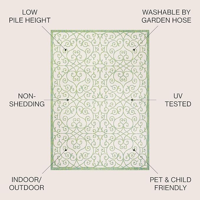 JONATHAN Y Vintage Filigree Indoor Outdoor Area Rug 4X6 Cream/Green, Madrid Textured Weave for Backyard, Patio, Porch, Easy-Cleaning, High Traffic, Pet-Friendly, Non-Shedding (SMB107J-4)