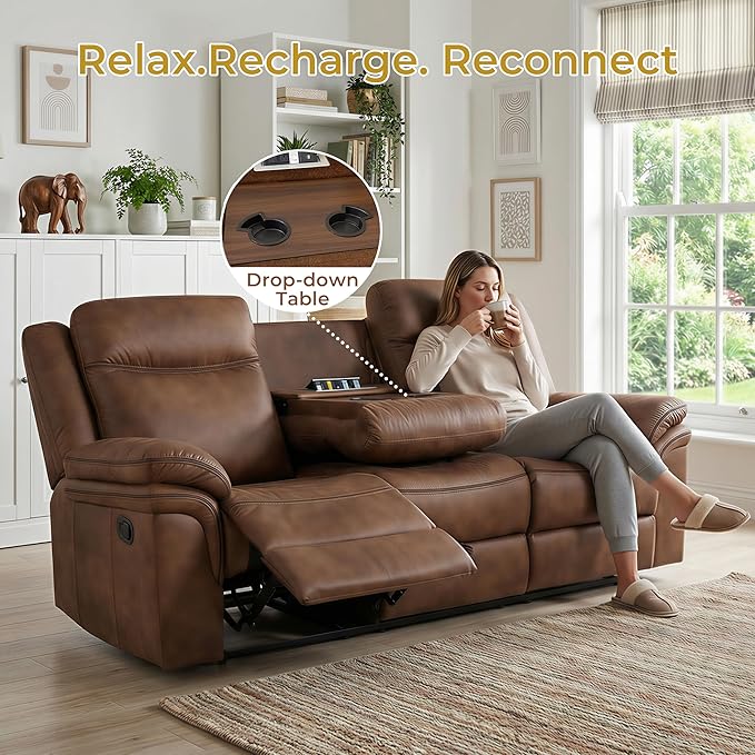 3-Seater Manual Recliner Sofa with Dual Recliners, Drop-Down Table, USB Charging Ports & Power Outlets, Faux Leather Couch for Living Room, Ergonomic Design for Full Comfort (87")