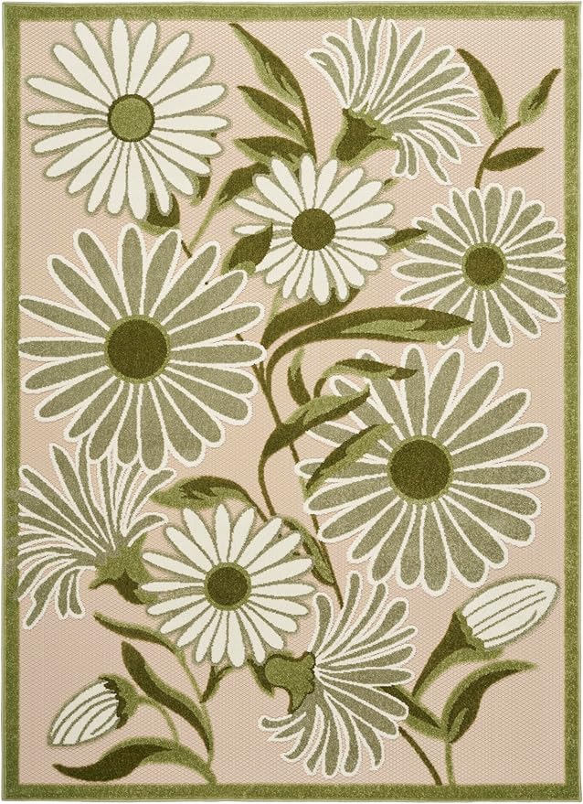 Nourison Home Aloha Ivory Green 5'3" x 7'5" Area Rug - Easy Clean, Non Shedding, Bed Room, Living Room, Dining Room, Kitchen (5' x 8')