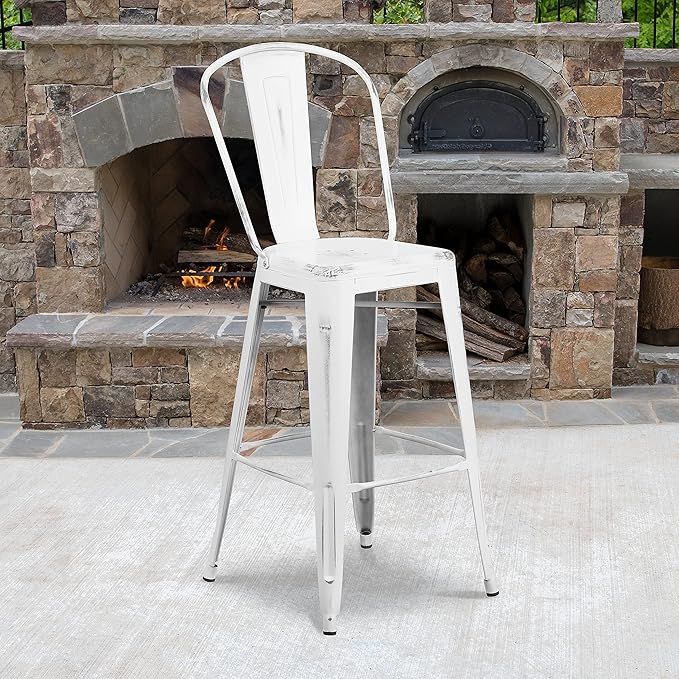 Flash Furniture Blake Commercial Grade 4 Pack 30" High Distressed White Metal Indoor-Outdoor Barstool with Back