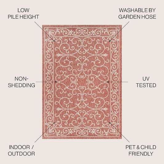 JONATHAN Y Vintage Filigree Indoor Outdoor Round Area Rug 8 Ft Red/Beige, Charleston Textured Weave for Backyard, Patio, Porch, Easy-Cleaning, High Traffic, Pet-Friendly, Non-Shedding (SMB106B-8R)