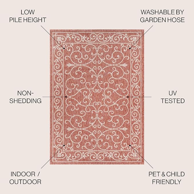 JONATHAN Y Vintage Filigree Indoor Outdoor Square Area Rug 8X8 Red/Beige, Charleston Textured Weave for Backyard, Patio, Porch, Easy-Cleaning, High Traffic, Pet-Friendly, Non-Shedding (SMB106B-8SQ)
