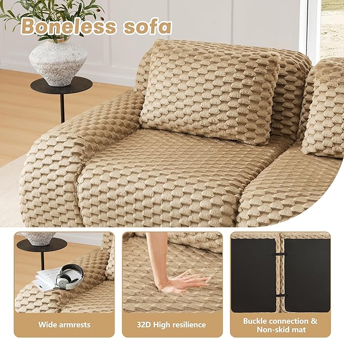 KEIKI 114" Oversized 3-Seater Boneless Couches for Living Room, Flexible Modular Sectional Velvet Sofa U-Shaped, Deep Seat Soft Cushion No Assembly Couch for Home, Modern Comfort Design, Light Camel