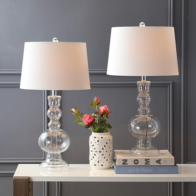 JONATHAN Y 28.5" Clear Glass Table Lamp Set of 2 for Living Room Bedroom Decor, Modern Bedside Lamps with White Linen Shade, LED Bulbs Included (JYL1061B-SET2)