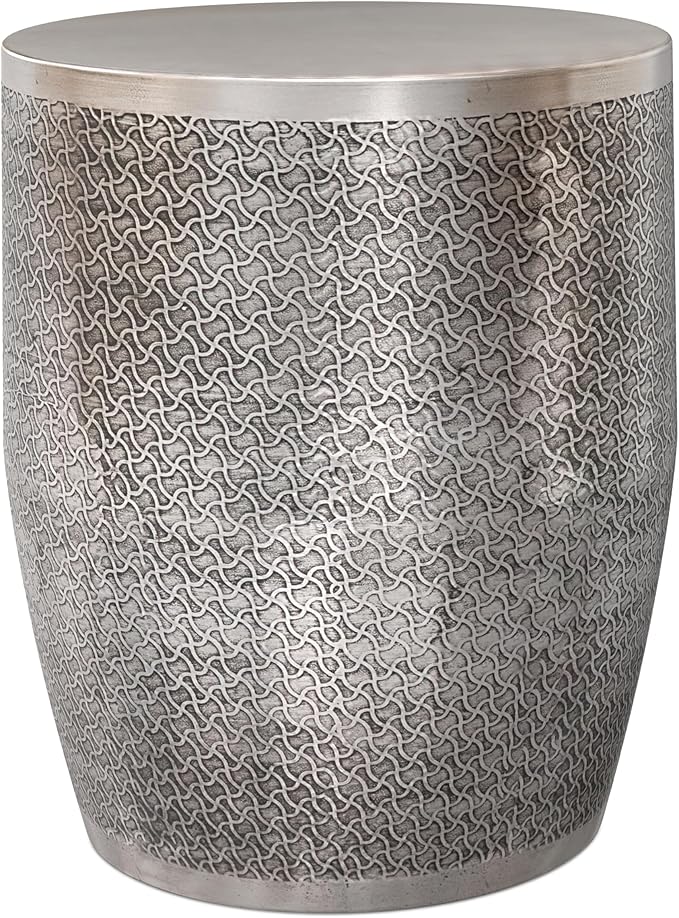 SIMPLIHOME Johnsen Metal Table - 18 inch Wide Solid Iron Round Accent Table in Antique Silver, Boho Side or End Table for Living Room, Bedroom or Family Room with Etched Web Pattern, Assembled