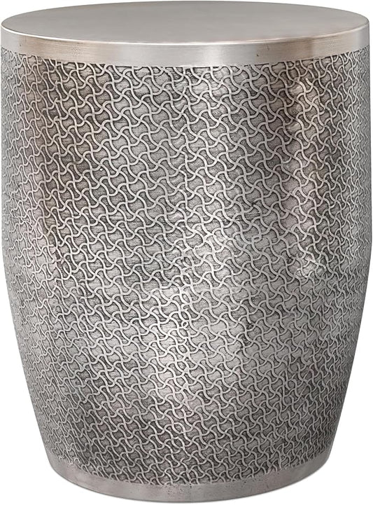 SIMPLIHOME Johnsen Metal Table - 18 inch Wide Solid Iron Round Accent Table in Antique Silver, Boho Side or End Table for Living Room, Bedroom or Family Room with Etched Web Pattern, Assembled